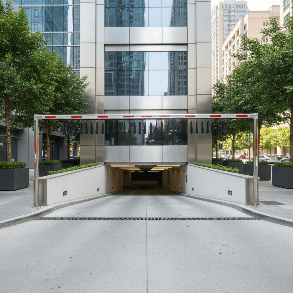 Parking structure entrance with height restriction barrier system