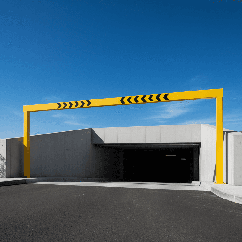 Height restriction barrier at parking garage entrance