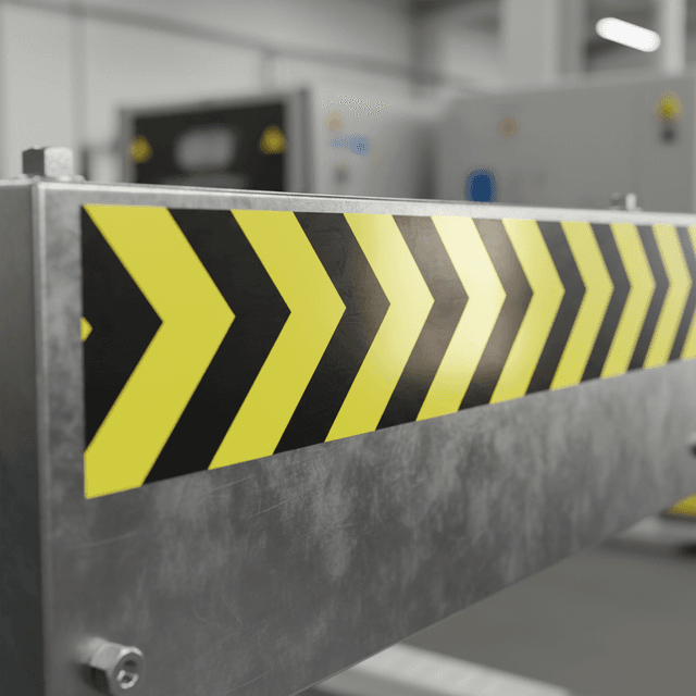 Reflective chevron safety tape on steel barrier